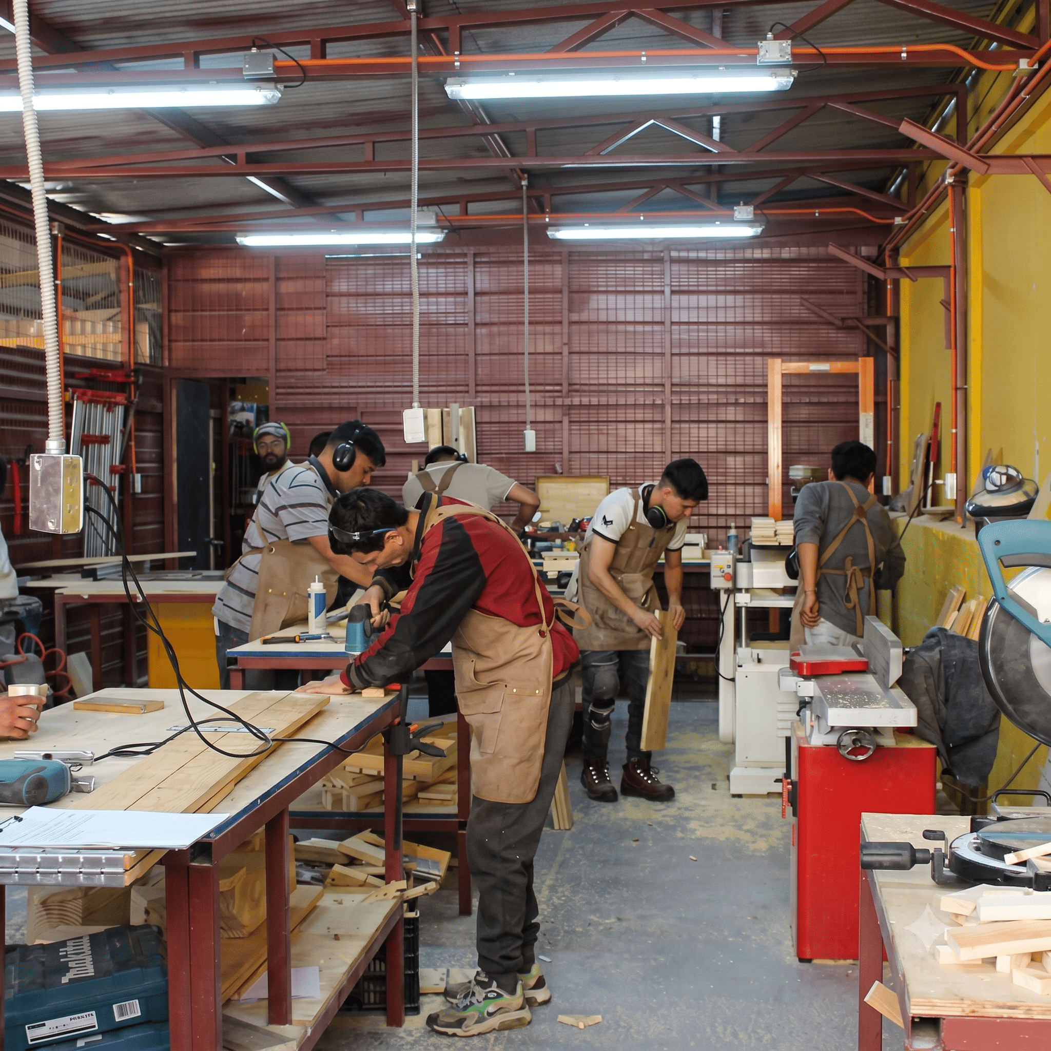 Grupo de personas trabajando madera en taller de reinserción social, luz natural intensa, compañerismo y aprendizaje